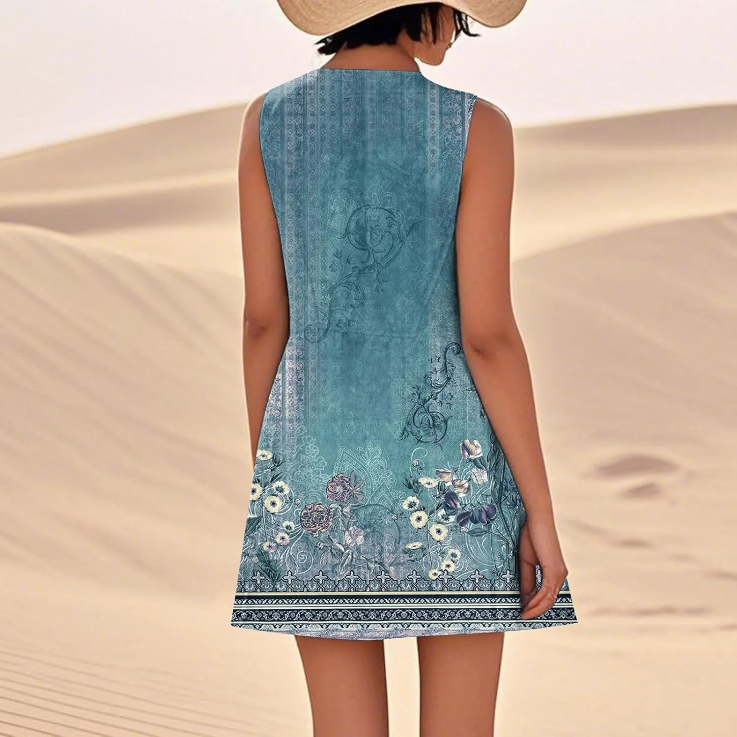 Women's Summer Dresses Sleeveless Round Neck Knee Length Dress Trendy Boho Floral Printed Beach Party Sundresses