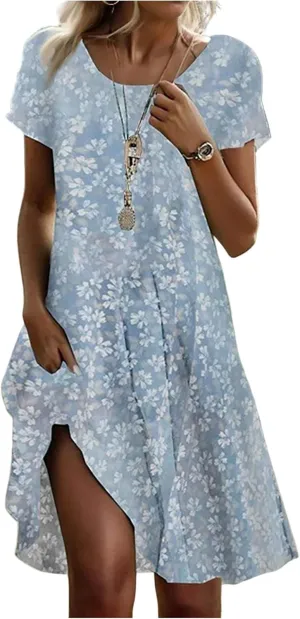 Women's Summer Floral Sundresses with Pockets, Loose Fit Short Sleeve Round Neck Knee Length Boho Beach Dress