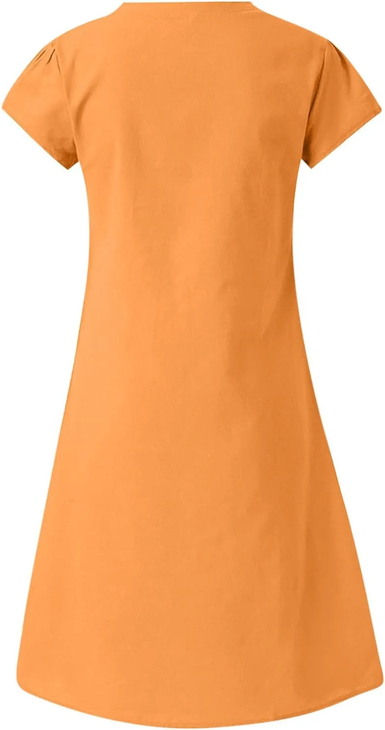 Women's Summer Lightweight Dress V Neck Short Sleeve Shift Midi Dresses Vintage Loose Beach Sundress Tshirts Dress