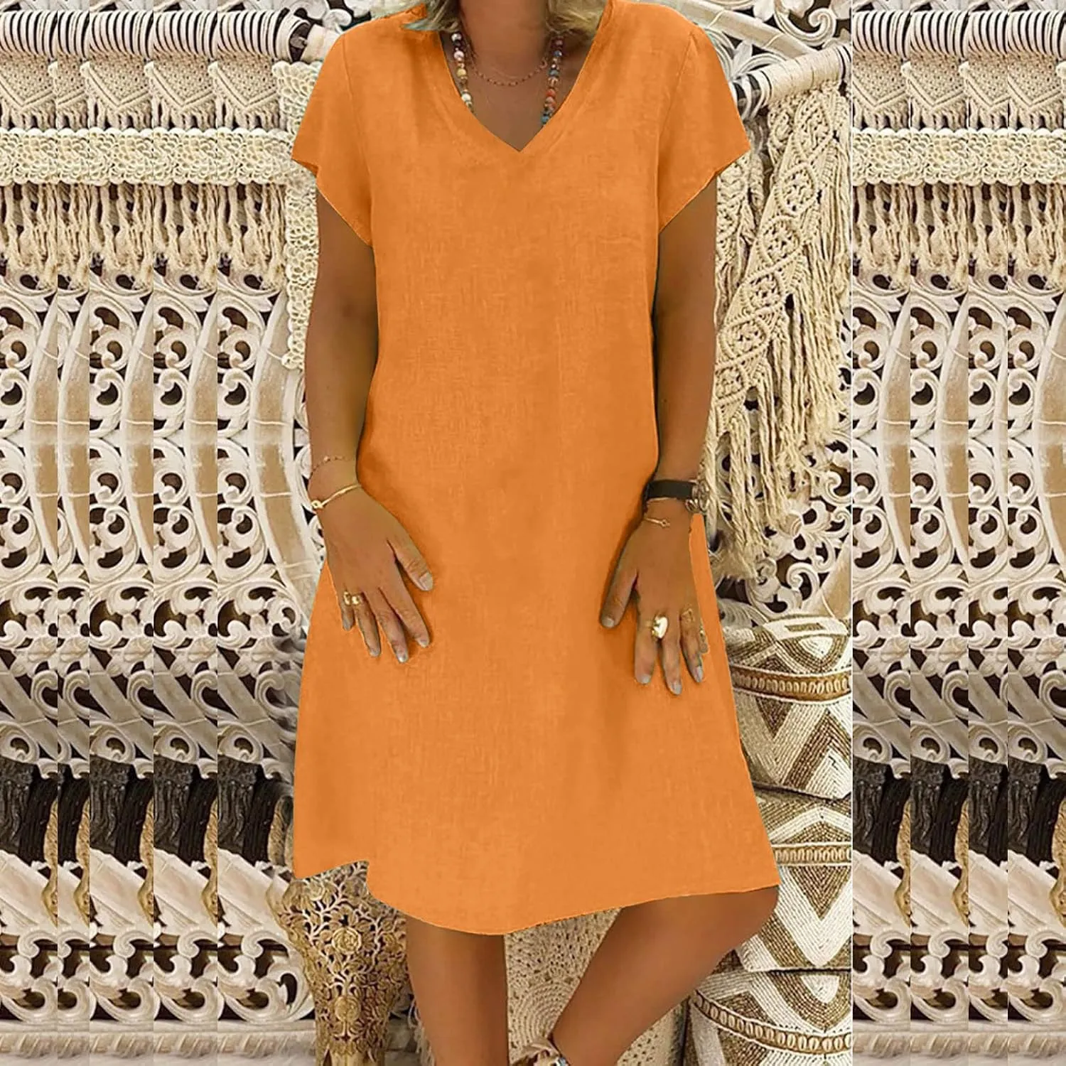 Women's Summer Lightweight Dress V Neck Short Sleeve Shift Midi Dresses Vintage Loose Beach Sundress Tshirts Dress