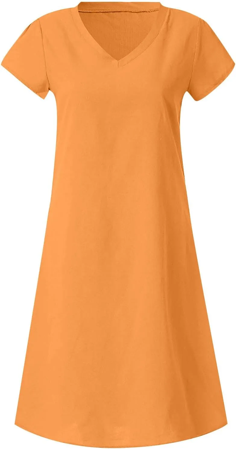 Women's Summer Lightweight Dress V Neck Short Sleeve Shift Midi Dresses Vintage Loose Beach Sundress Tshirts Dress