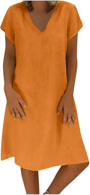 Women's Summer Lightweight Dress V Neck Short Sleeve Shift Midi Dresses Vintage Loose Beach Sundress Tshirts Dress
