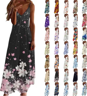 Women's Summer Maxi Dress 2025 Casual Spaghetti Straps V Neck Sundresses Boho Floral Print Beach Travel Cami Dresses