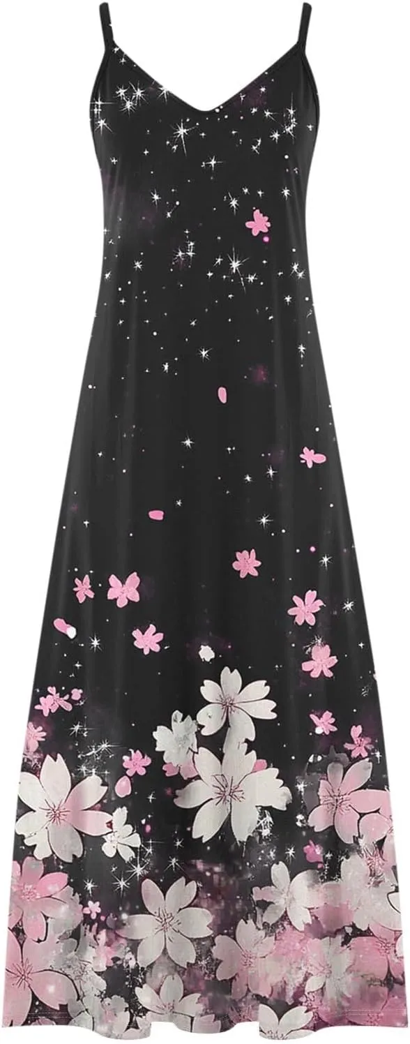 Women's Summer Maxi Dress 2025 Casual Spaghetti Straps V Neck Sundresses Boho Floral Print Beach Travel Cami Dresses