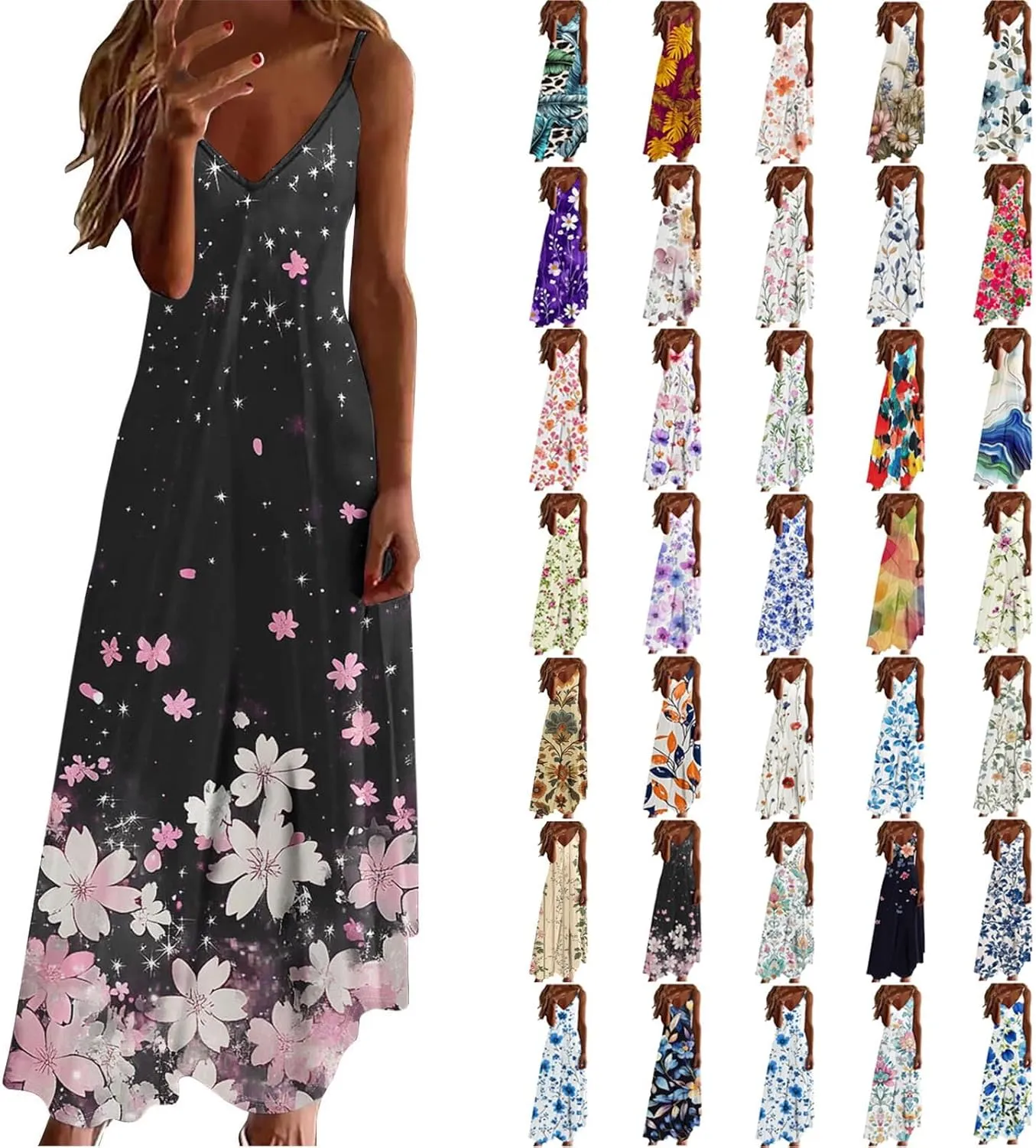 Women's Summer Maxi Dress 2025 Casual Spaghetti Straps V Neck Sundresses Boho Floral Print Beach Travel Cami Dresses