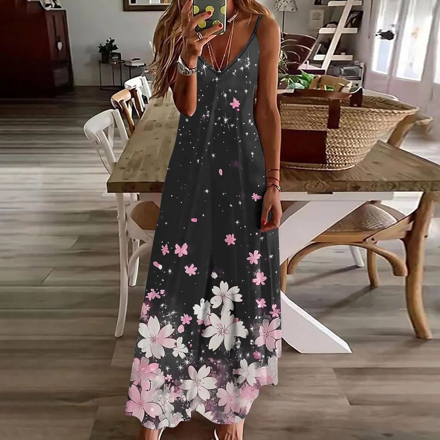Women's Summer Maxi Dress 2025 Casual Spaghetti Straps V Neck Sundresses Boho Floral Print Beach Travel Cami Dresses