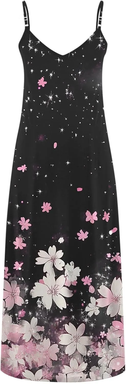 Women's Summer Maxi Dress 2025 Casual Spaghetti Straps V Neck Sundresses Boho Floral Print Beach Travel Cami Dresses
