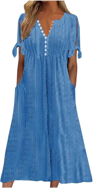 Womens Summer Maxi Dresses 2025 Trendy Eyelet Sundress Short Sleeve Casual T Shirt Dress Beach Vacation Travel Outfit