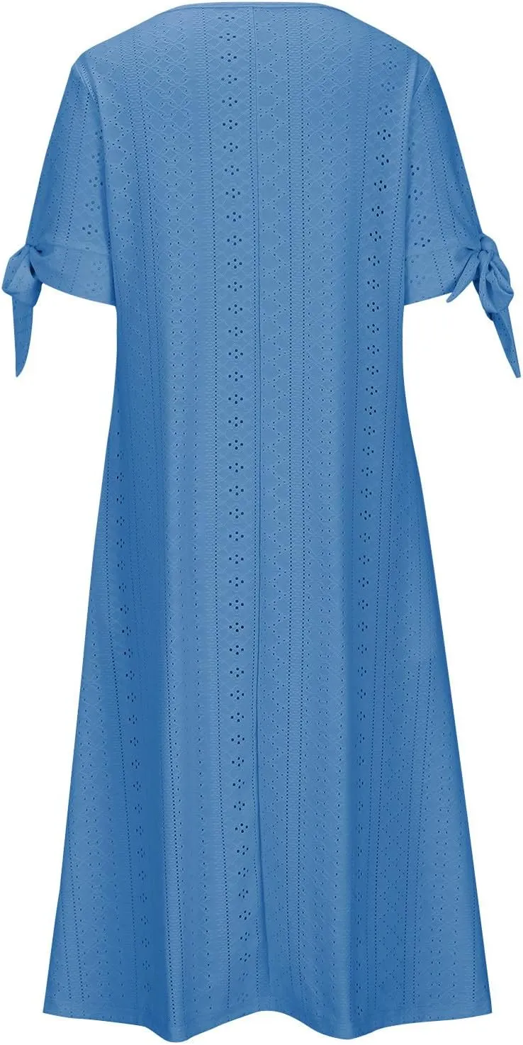 Womens Summer Maxi Dresses 2025 Trendy Eyelet Sundress Short Sleeve Casual T Shirt Dress Beach Vacation Travel Outfit