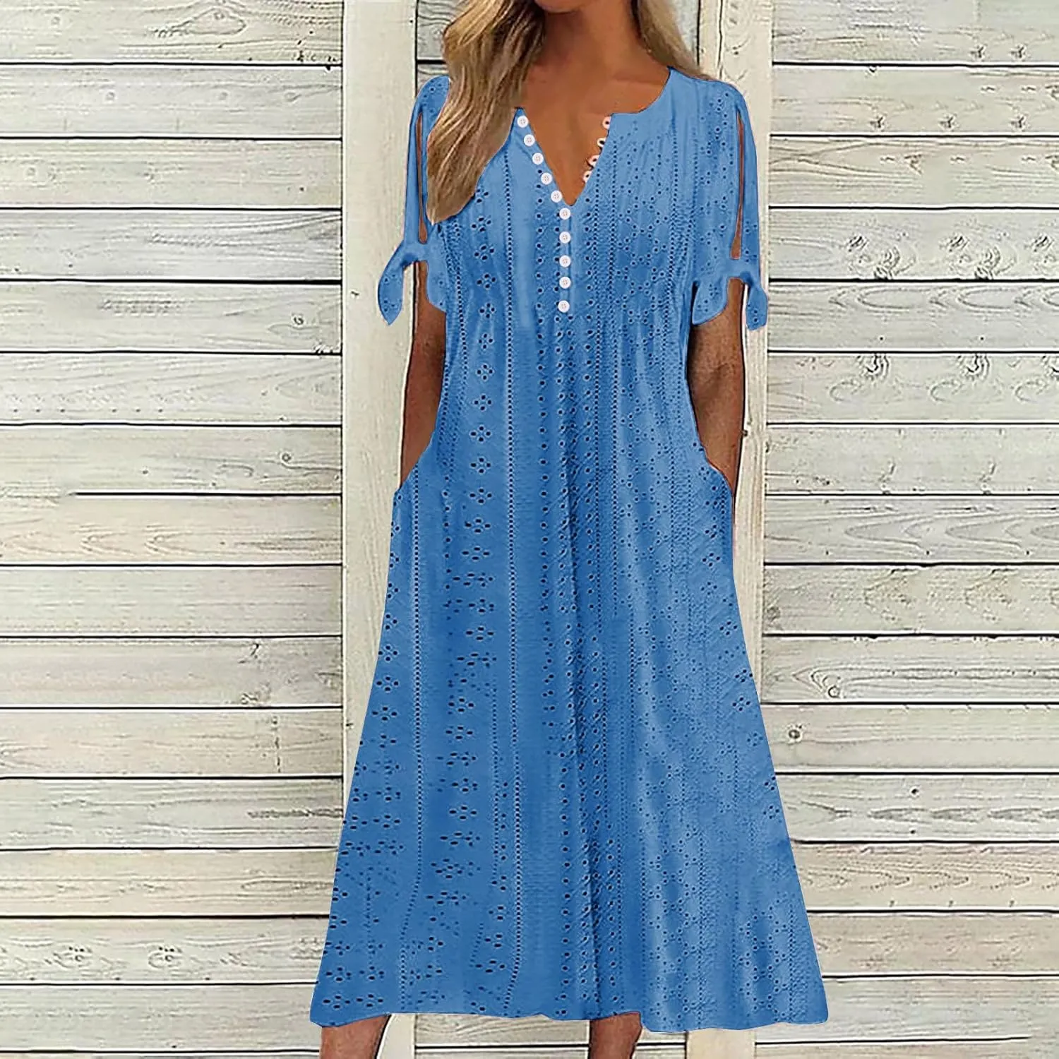 Womens Summer Maxi Dresses 2025 Trendy Eyelet Sundress Short Sleeve Casual T Shirt Dress Beach Vacation Travel Outfit