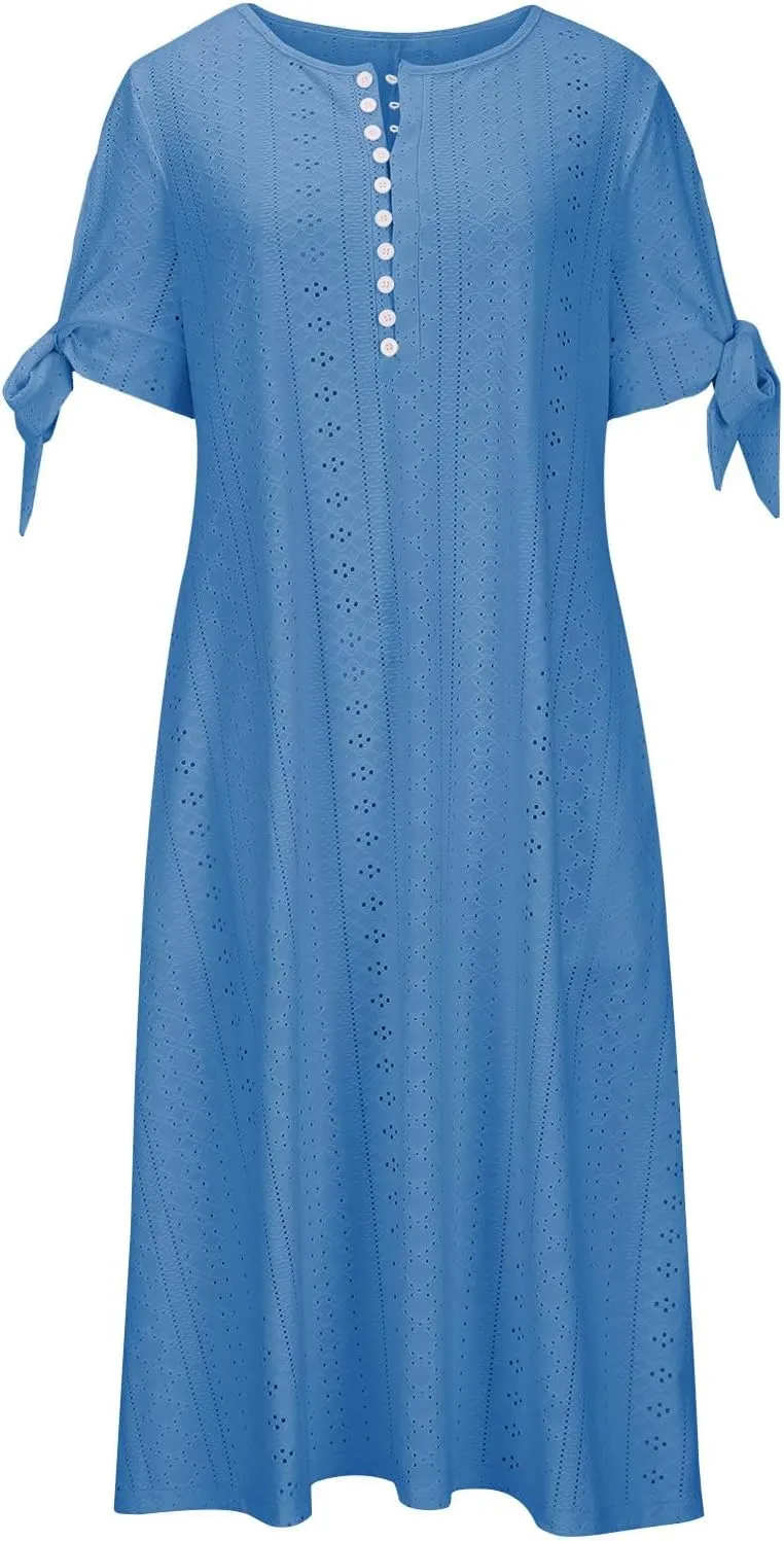 Womens Summer Maxi Dresses 2025 Trendy Eyelet Sundress Short Sleeve Casual T Shirt Dress Beach Vacation Travel Outfit
