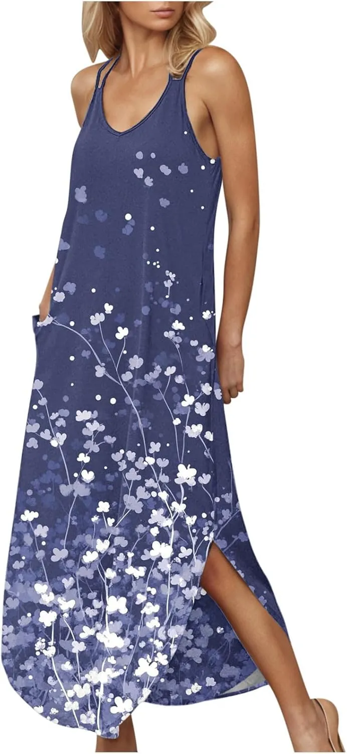 Womens Summer Maxi Dresses Sleeveless Floral Print Boho Tank Dress Vintage Flowy Spring Vacation Beach Sundress 2025