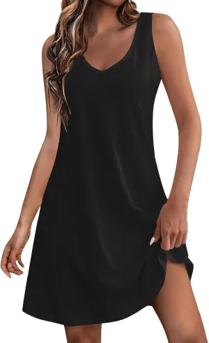 Womens Summer Mini Dress Sleeveless Loose V Neck Solid Tank Dress Casual Sleeveless Short Sundress with Pockets