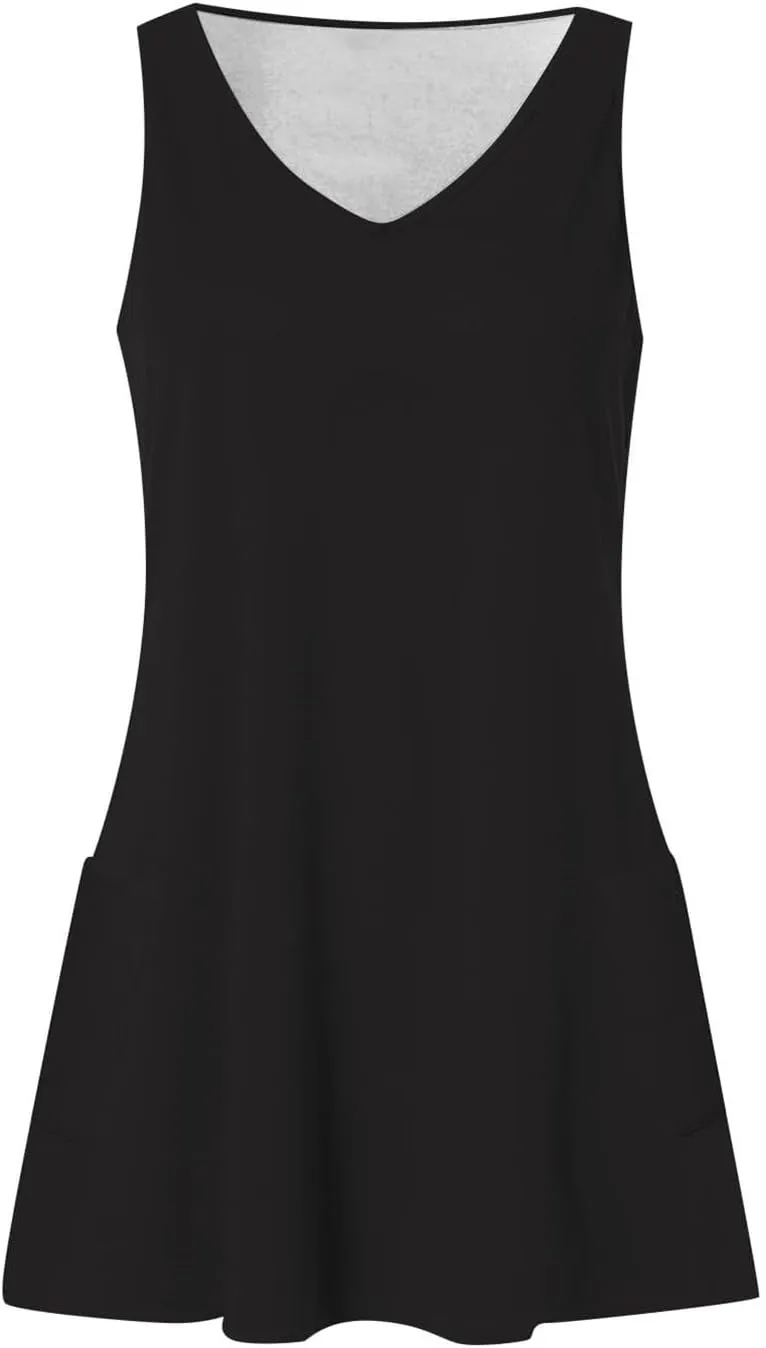 Womens Summer Mini Dress Sleeveless Loose V Neck Solid Tank Dress Casual Sleeveless Short Sundress with Pockets