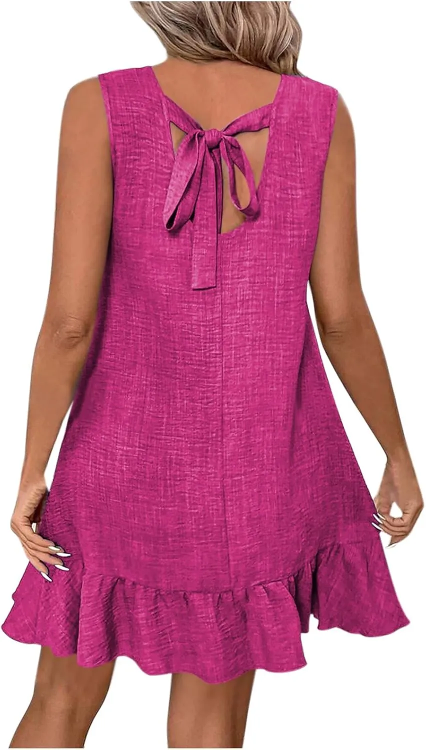 Womens Summer Mini Dress Sleeveless Scoop Neck Ruffle Hem Dresses Fashion Casual Holiday Beach Vacation Sundress