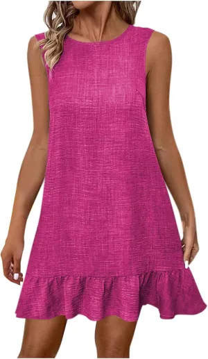 Womens Summer Mini Dress Sleeveless Scoop Neck Ruffle Hem Dresses Fashion Casual Holiday Beach Vacation Sundress