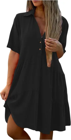 Womens Summer Shirt Dress Lapel Button Front V Neck Swing Dress Short Sleeve Boho Ruffle Baggy Mini Dresses Plus Size