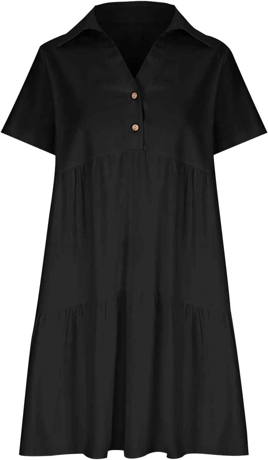 Womens Summer Shirt Dress Lapel Button Front V Neck Swing Dress Short Sleeve Boho Ruffle Baggy Mini Dresses Plus Size