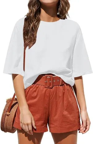 Womens Summer Short Sleeve Crop Tops Dressy Casual Loose Crew Neck T-Shirts Basic Athletic Yoga Running Tees