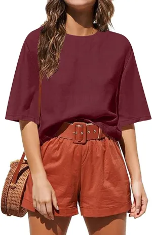 Womens Summer Short Sleeve Crop Tops Dressy Casual Loose Crew Neck T-Shirts Basic Athletic Yoga Running Tees