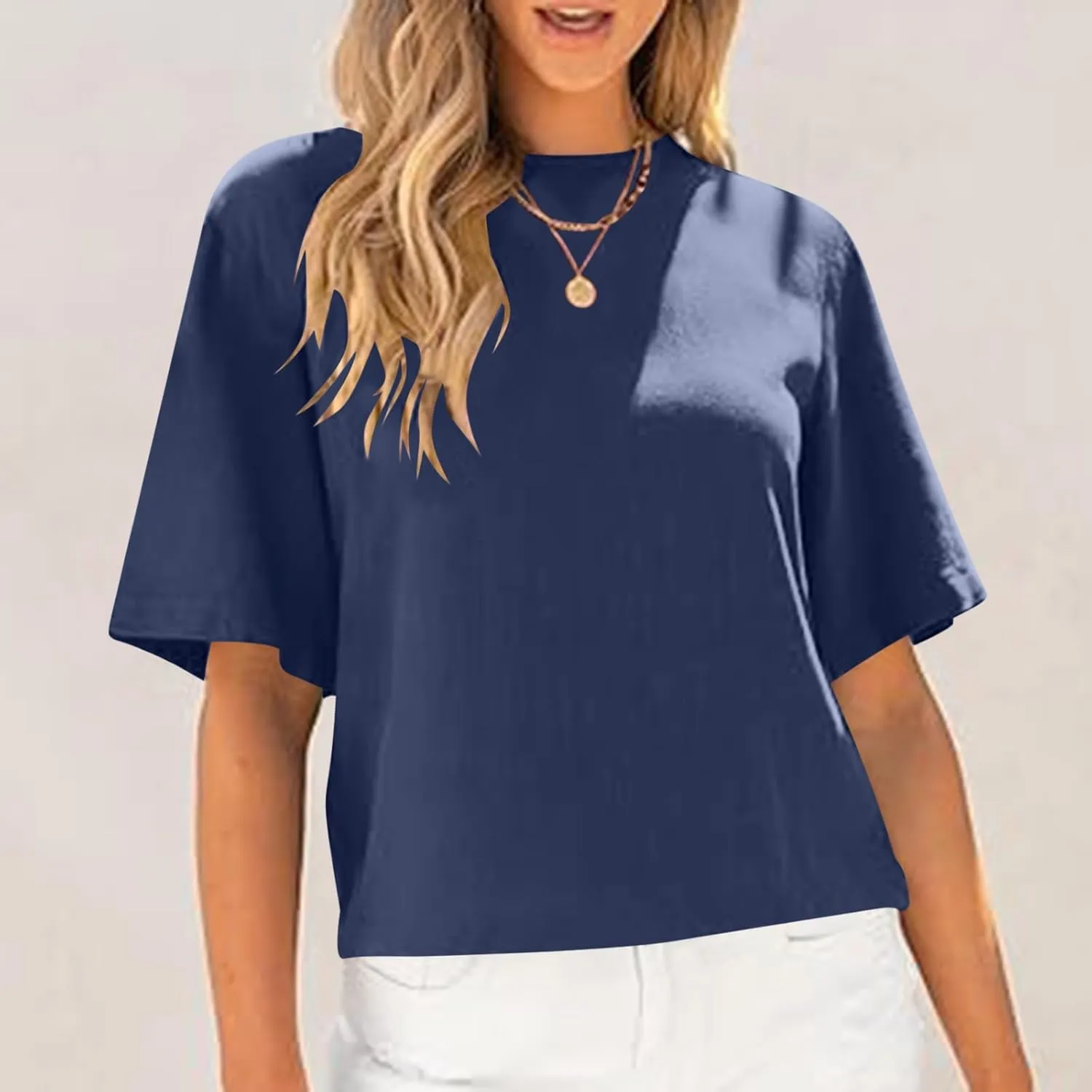 Womens Summer Tops Short Sleeve Trendy Crop Drop Shoulder Half Sleeve T Shirts Daily Workout Loose Casual Blouses
