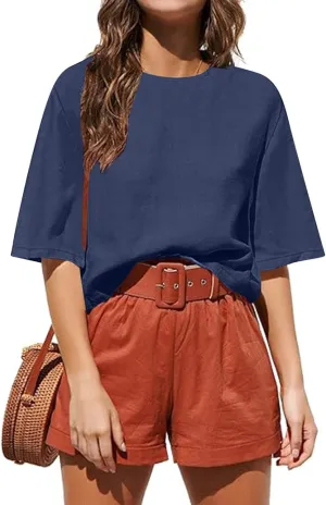 Womens Summer Tops Short Sleeve Trendy Crop Drop Shoulder Half Sleeve T Shirts Daily Workout Loose Casual Blouses
