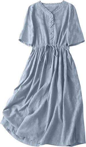 Women's Summer Vintage Jacquard Short Sleeve A Line Shirt Dress Cotton V Neck Button Drawstring Beach Midi Dresses