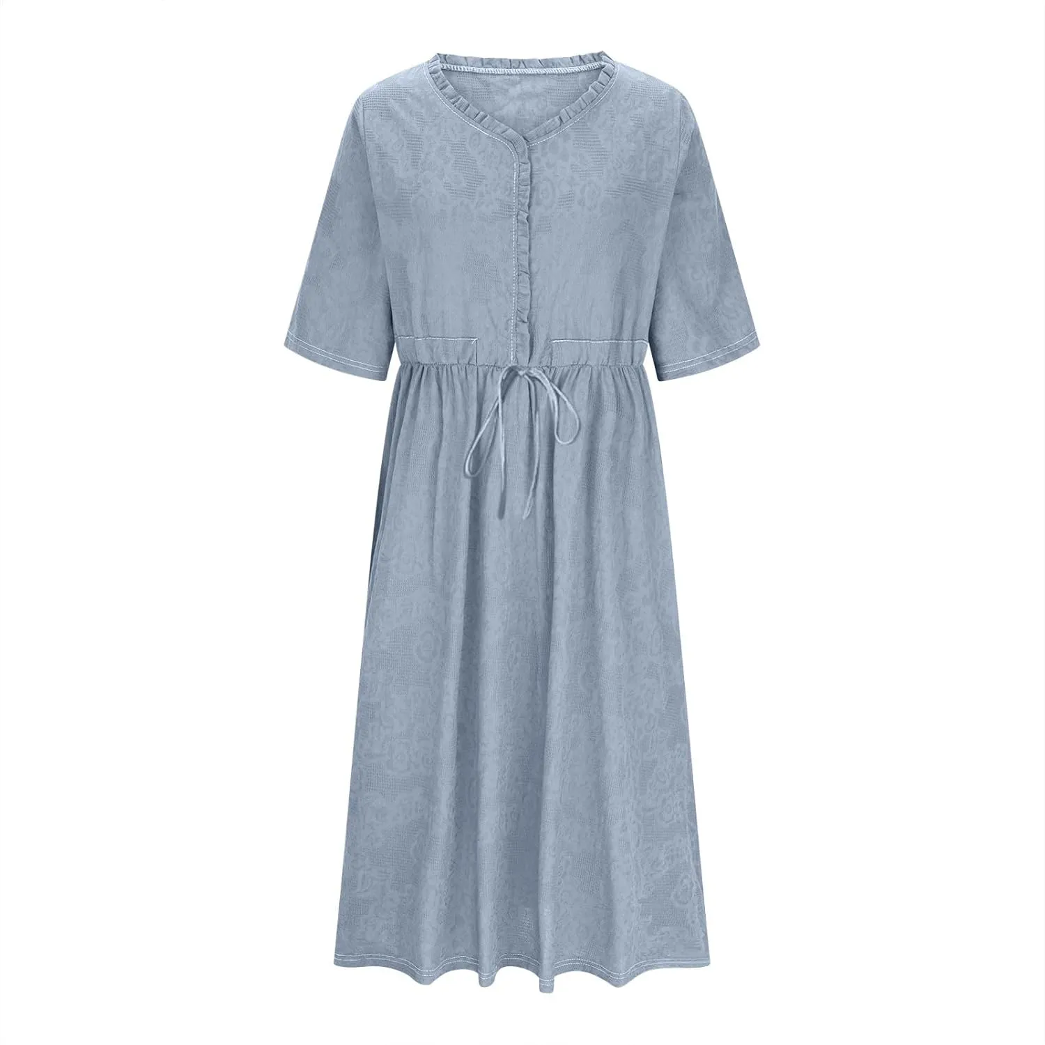 Women's Summer Vintage Jacquard Short Sleeve A Line Shirt Dress Cotton V Neck Button Drawstring Beach Midi Dresses