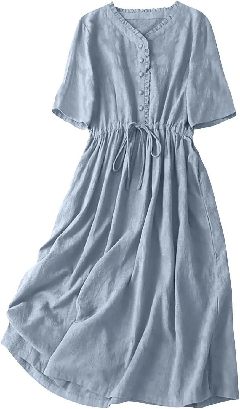Women's Summer Vintage Jacquard Short Sleeve A Line Shirt Dress Cotton V Neck Button Drawstring Beach Midi Dresses