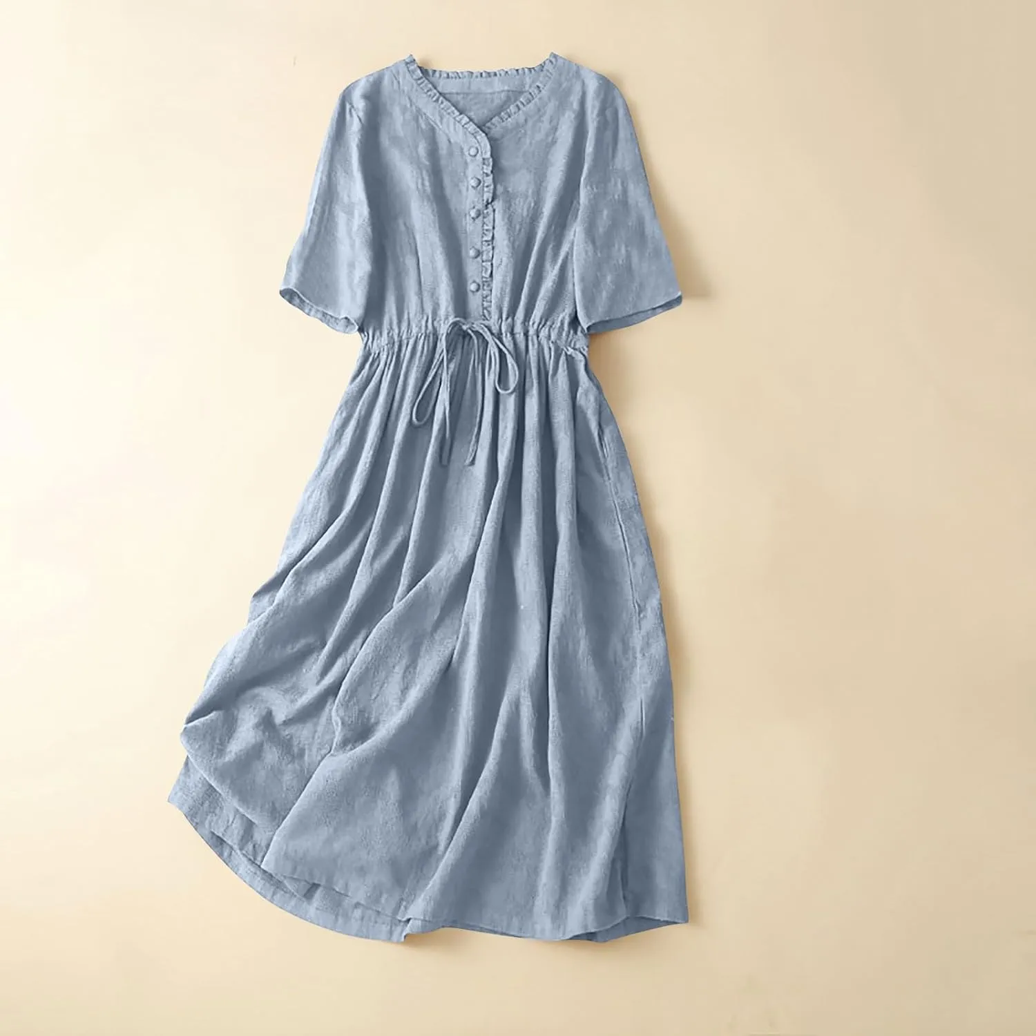 Women's Summer Vintage Jacquard Short Sleeve A Line Shirt Dress Cotton V Neck Button Drawstring Beach Midi Dresses
