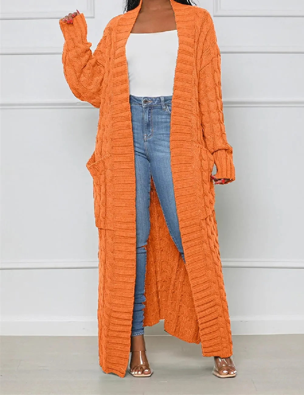 Womens Thin Stylish Cable Knit Dual Extra Long Maxi Cardigan with 2-Pockets