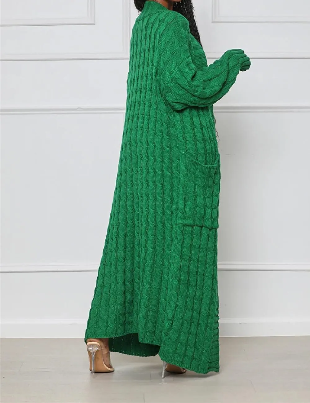 Womens Thin Stylish Cable Knit Dual Extra Long Maxi Cardigan with 2-Pockets