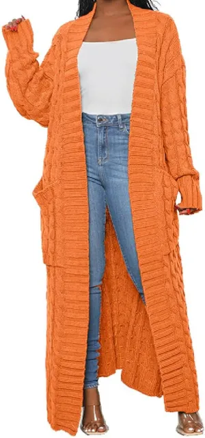 Womens Thin Stylish Cable Knit Dual Extra Long Maxi Cardigan with 2-Pockets