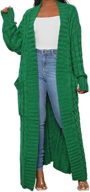 Womens Thin Stylish Cable Knit Dual Extra Long Maxi Cardigan with 2-Pockets