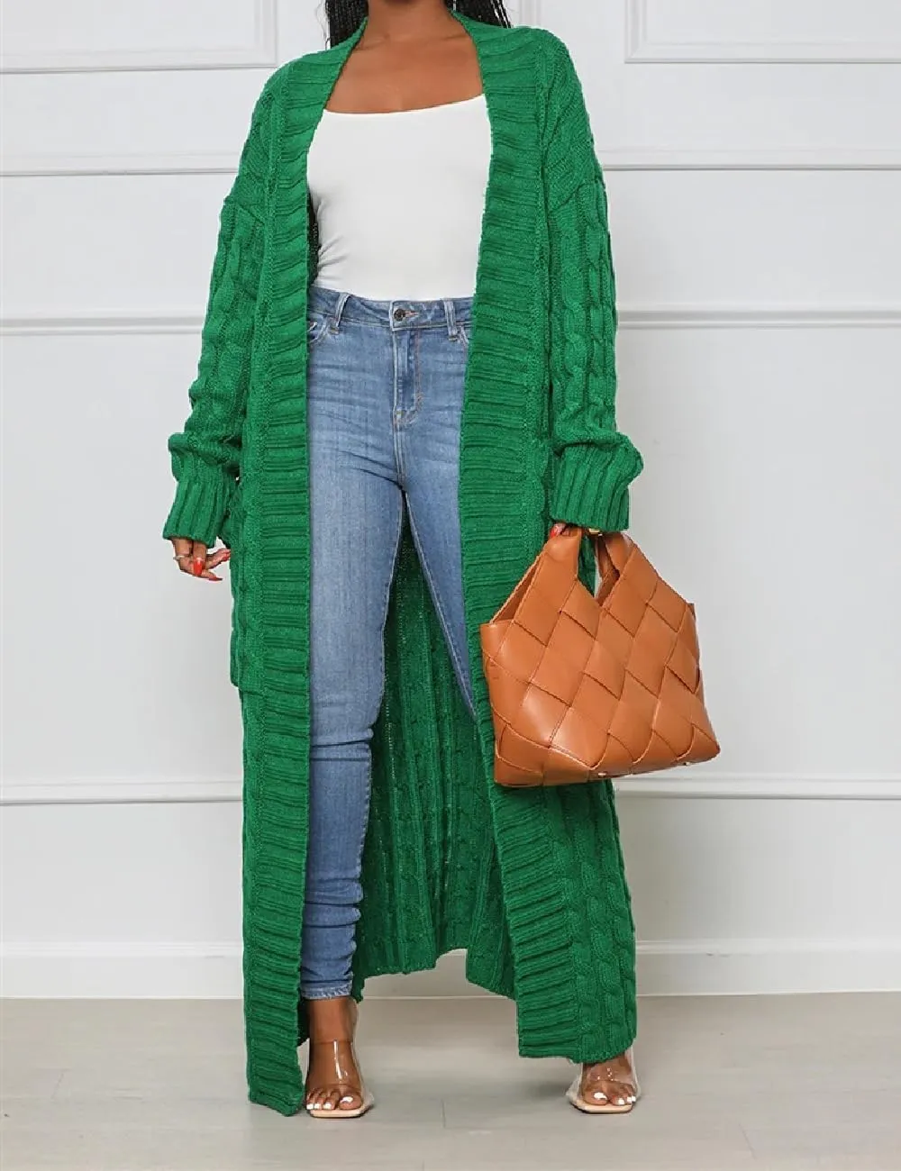 Womens Thin Stylish Cable Knit Dual Extra Long Maxi Cardigan with 2-Pockets