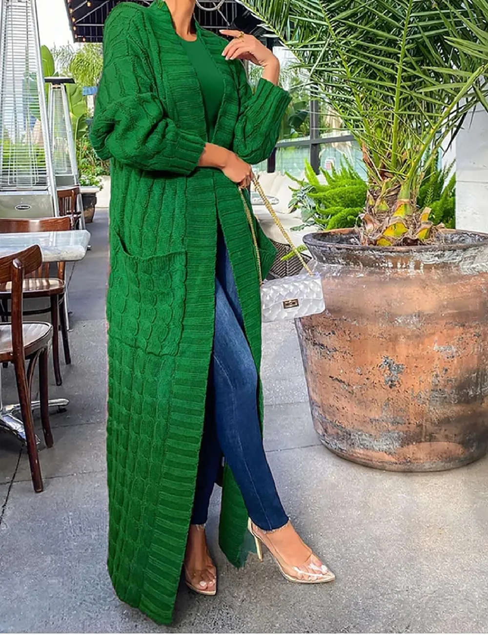 Womens Thin Stylish Cable Knit Dual Extra Long Maxi Cardigan with 2-Pockets