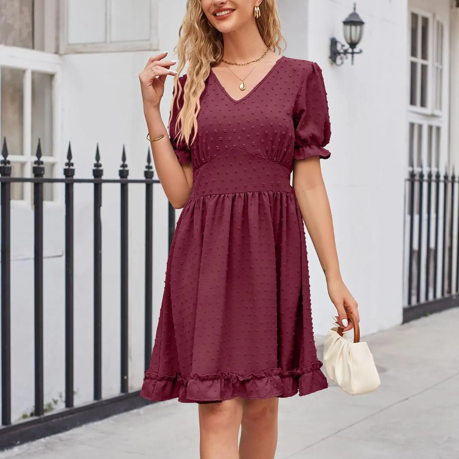 Womens V Neck Casual Vacation Dress Short Sleeve Empire Waist Swiss Dot Swing Ruffle Mini Beach Summer Dresses