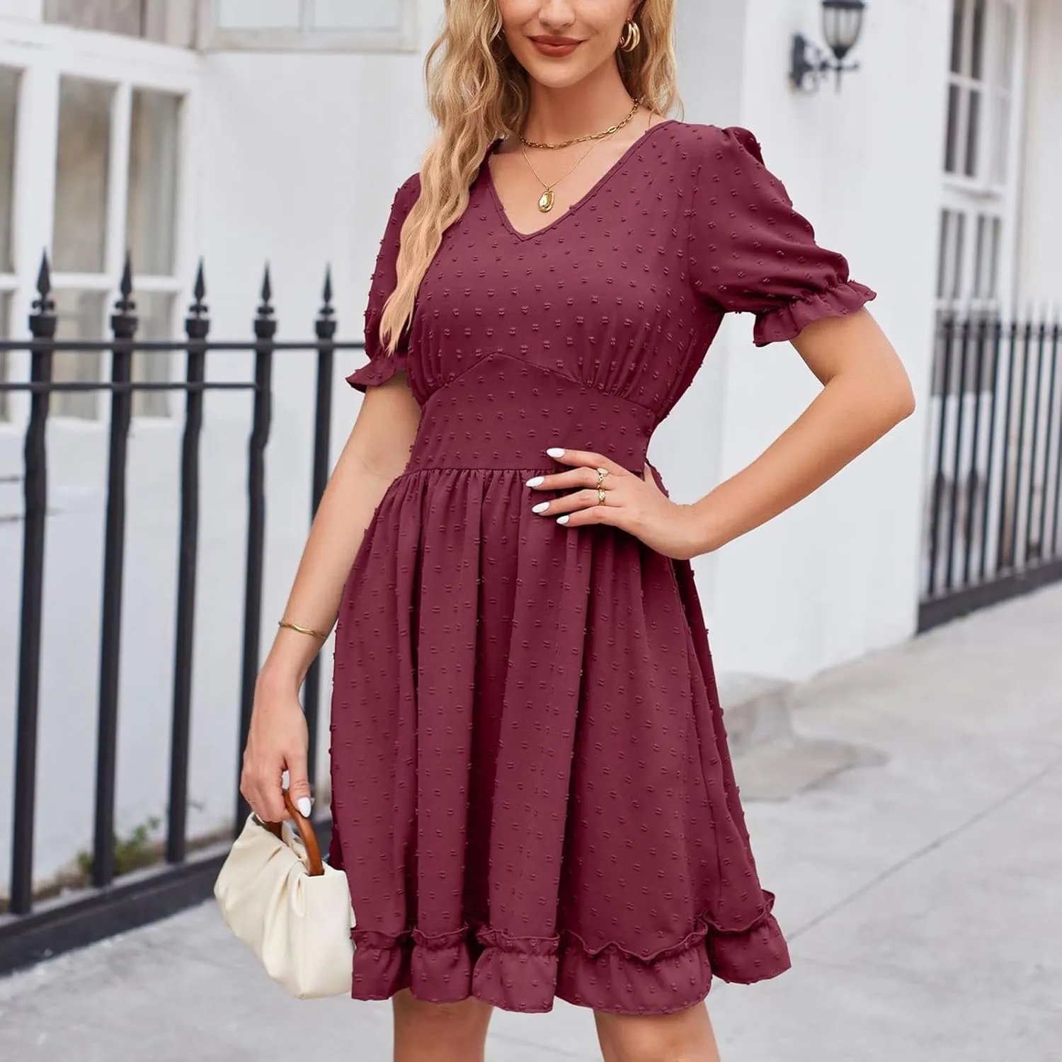 Womens V Neck Casual Vacation Dress Short Sleeve Empire Waist Swiss Dot Swing Ruffle Mini Beach Summer Dresses