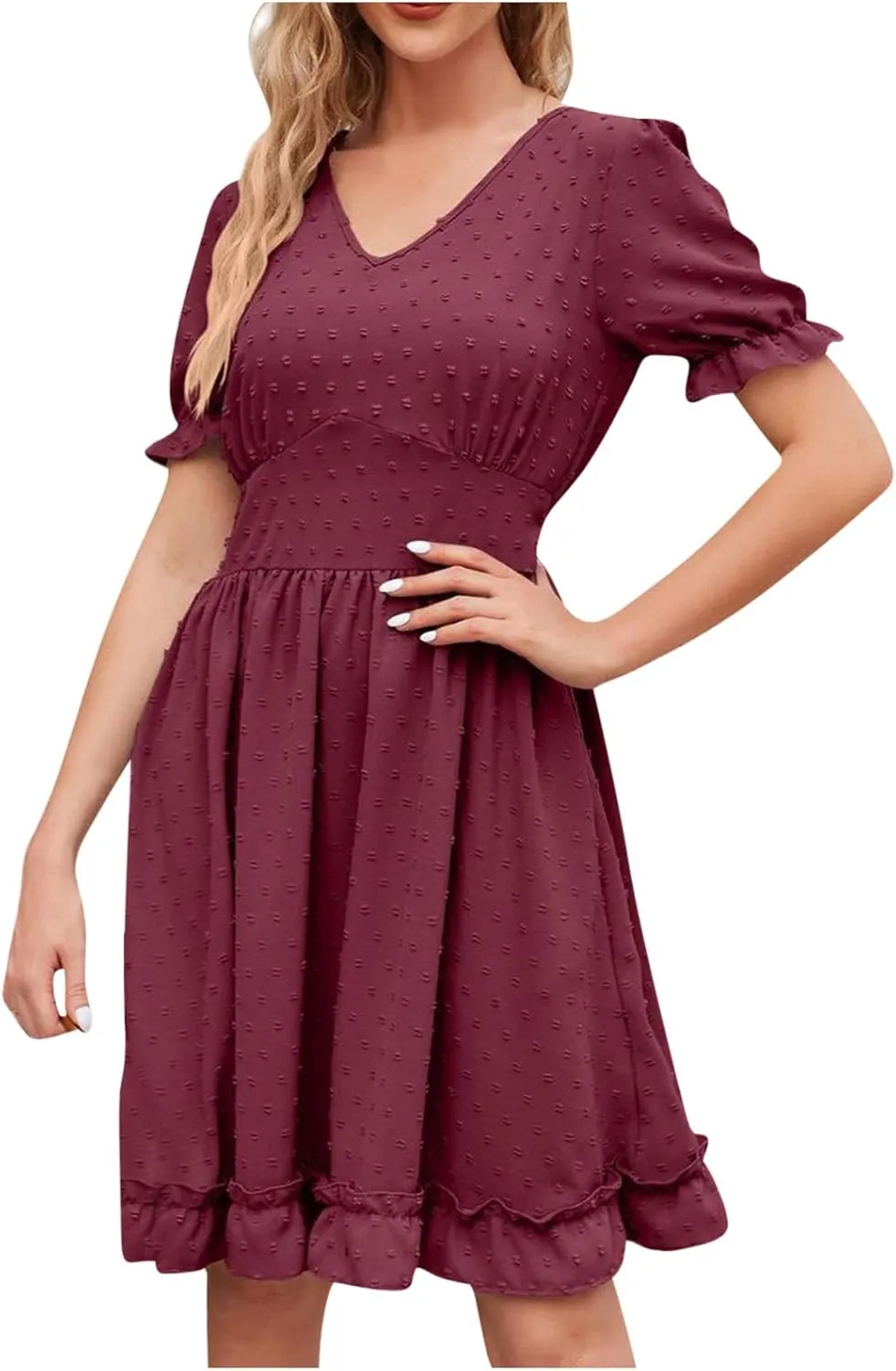 Womens V Neck Casual Vacation Dress Short Sleeve Empire Waist Swiss Dot Swing Ruffle Mini Beach Summer Dresses