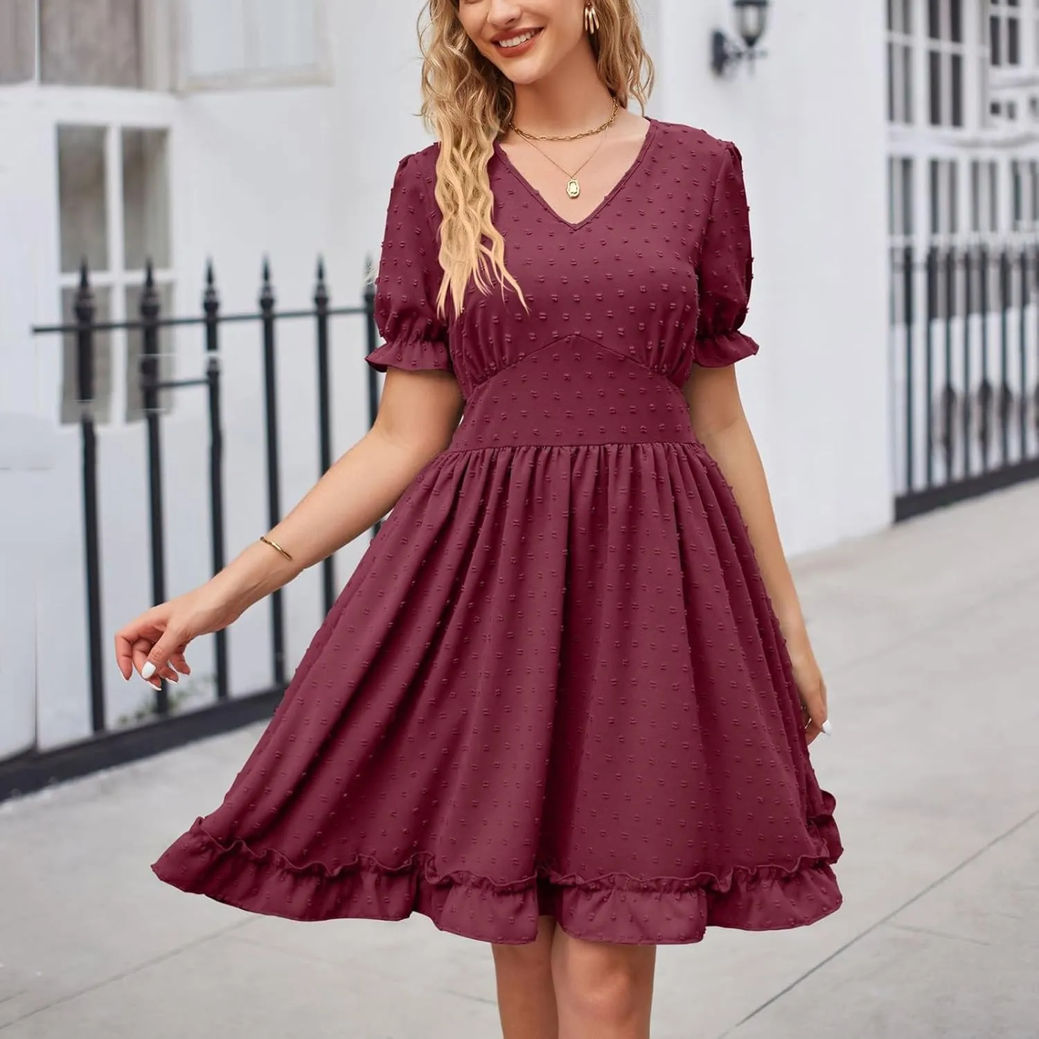 Womens V Neck Casual Vacation Dress Short Sleeve Empire Waist Swiss Dot Swing Ruffle Mini Beach Summer Dresses