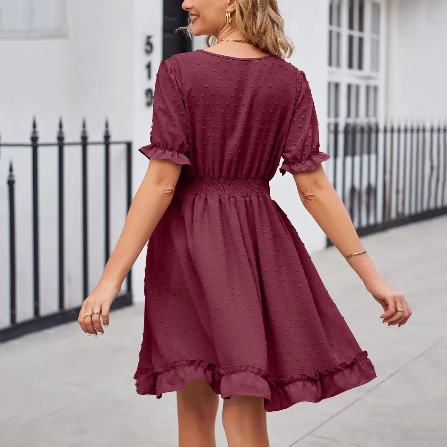 Womens V Neck Casual Vacation Dress Short Sleeve Empire Waist Swiss Dot Swing Ruffle Mini Beach Summer Dresses
