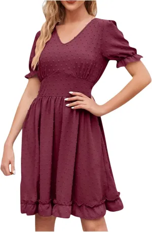 Womens V Neck Casual Vacation Dress Short Sleeve Empire Waist Swiss Dot Swing Ruffle Mini Beach Summer Dresses