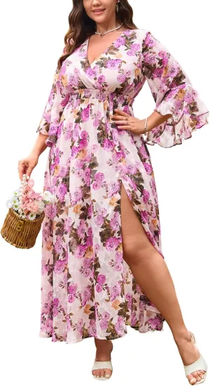 Women's V Neck Floral Dress Bell Half Sleeve Smocked Waist Side Split Flowy A Line Maxi Wedding Guest Dresses