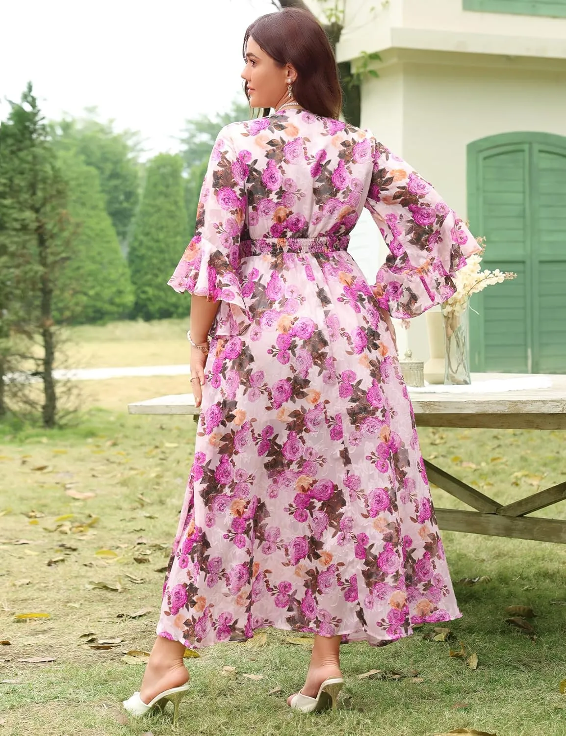 Women's V Neck Floral Dress Bell Half Sleeve Smocked Waist Side Split Flowy A Line Maxi Wedding Guest Dresses
