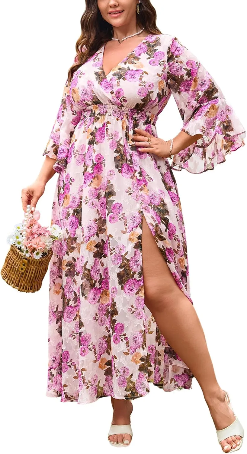 Women's V Neck Floral Dress Bell Half Sleeve Smocked Waist Side Split Flowy A Line Maxi Wedding Guest Dresses