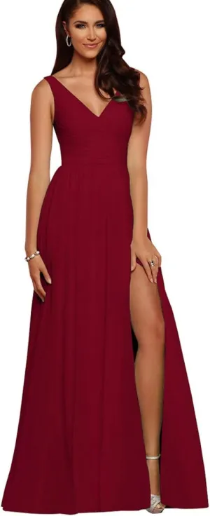 Women's V Neck Long Chiffon Split Evening Prom Gowns 4 Wine Red
