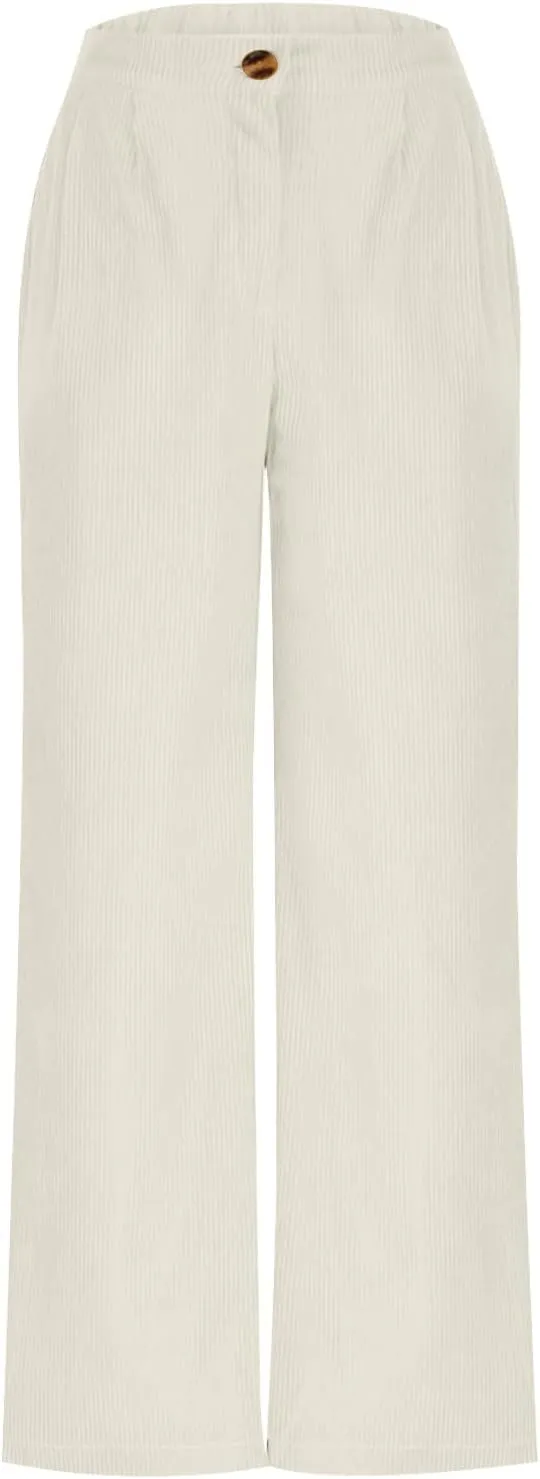 Women's Wide Leg Corduroy Pants Loose Straight Leg Pants High Waist Button Stretchy Trousers Lounge Pant with Pockets