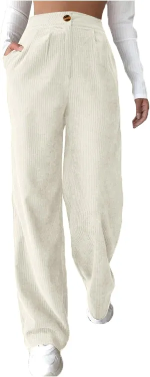 Women's Wide Leg Corduroy Pants Loose Straight Leg Pants High Waist Button Stretchy Trousers Lounge Pant with Pockets
