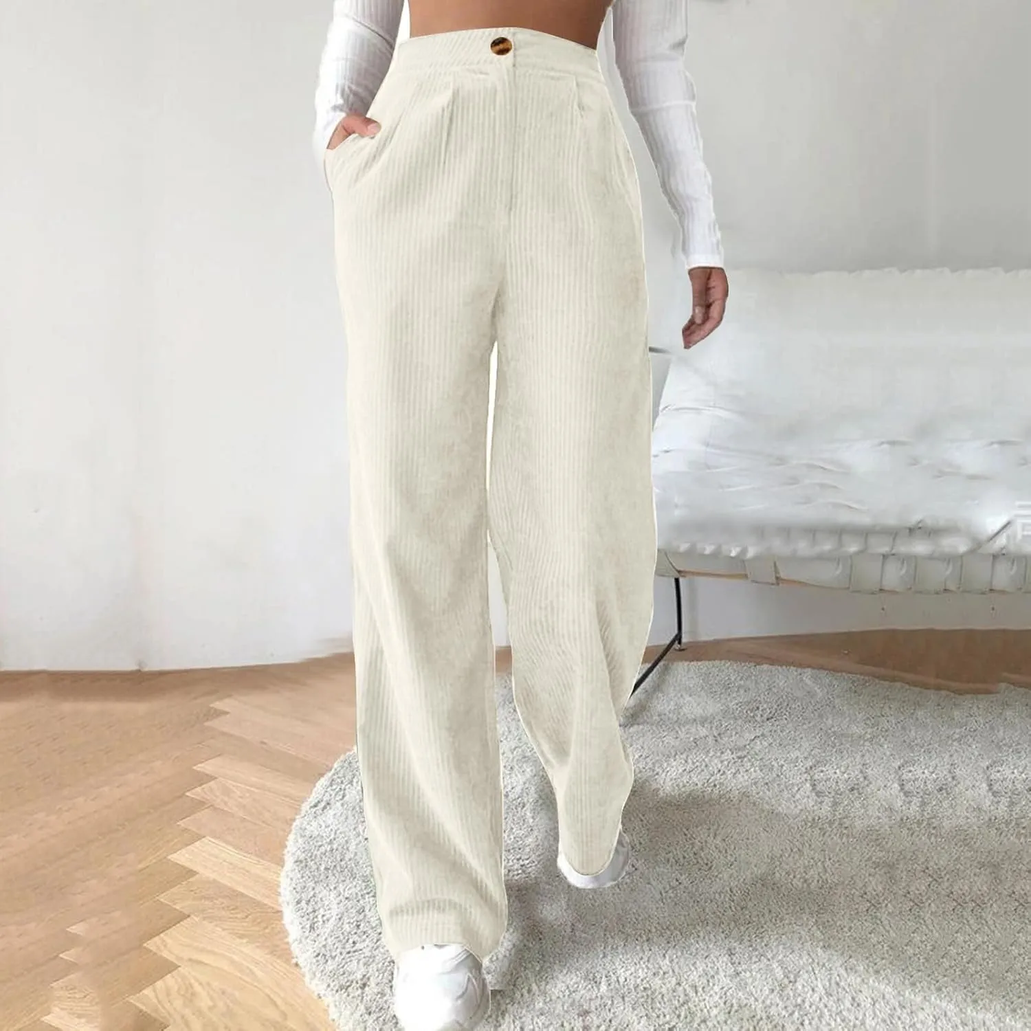 Women's Wide Leg Corduroy Pants Loose Straight Leg Pants High Waist Button Stretchy Trousers Lounge Pant with Pockets