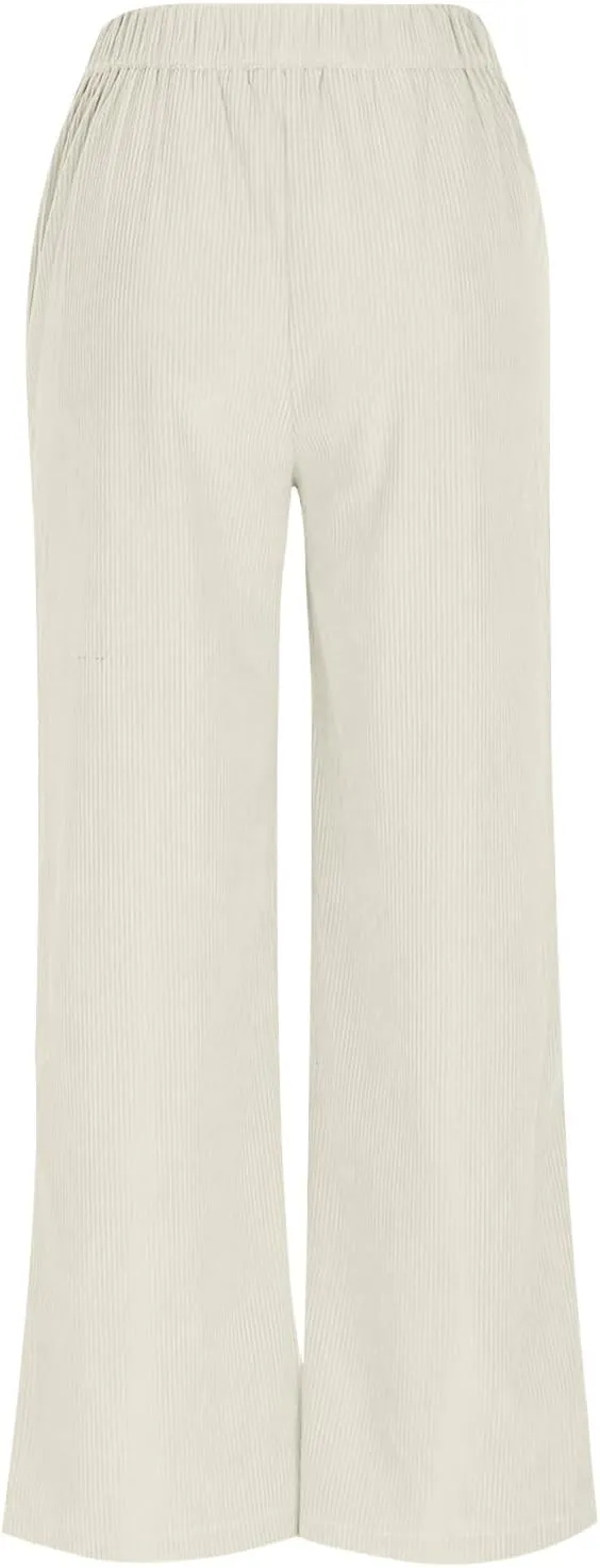 Women's Wide Leg Corduroy Pants Loose Straight Leg Pants High Waist Button Stretchy Trousers Lounge Pant with Pockets